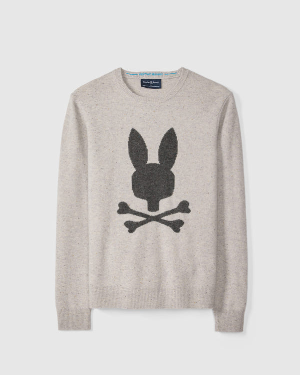 This Psycho Bunny MENS LINCOLN MERINO WOOL SWEATER - B6E831D200 is crafted from soft merino wool, providing timeless style with its light gray speckled design. It features a round neck and ribbed cuffs, along with a striking black silhouette of a bunny head above crossed bones on the front.