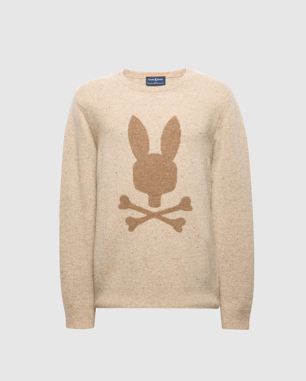 The Psycho Bunny Men's Lincoln Merino Wool Sweater (B6E831E200) is a cozy garment featuring a minimalist bunny head with crossbones design. It has a round neckline, long sleeves, and is set against a plain gray background.