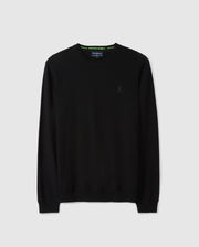 Introducing the Psycho Bunny Men's Belmore Extra Fine Cotton Sweater – B6E832D200. This elegant black sweater is meticulously crafted from extrafine cotton and showcases a discreet embroidered bunny logo on the left chest. It features a classic round neckline, complemented by ribbed cuffs and hem for timeless style. Presented on a light gray background, this piece underscores premium stitching for a touch of refined elegance.