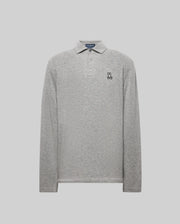 The Psycho Bunny MENS BRADSHAW POLO SWEATER (B6E835D200) is a light grey, long-sleeve merino wool polo with a collar, three mother of pearl buttons, and a small embroidered bunny outline on the left chest. Displayed on a plain light grey background.