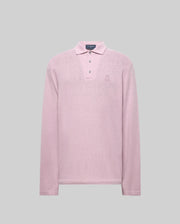 The Psycho Bunny MENS BRADSHAW POLO SWEATER (B6E835D200) is a light pink, long-sleeved merino wool polo with a collar, three mother of pearl buttons, and an embroidered bunny logo on the left chest against a plain gray background.