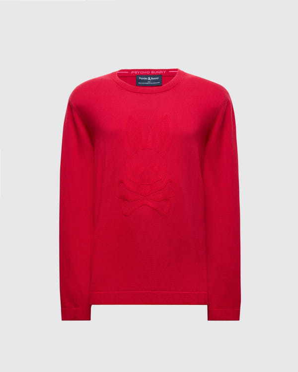 The Psycho Bunny MENS COORY CHAINSTITCH COTTON SWEATER (B6E893E200) is a men's red sweater with an embossed bunny and crossed bones design. Crafted from extra fine cotton, it features a round neckline and long sleeves set against a plain light gray background.