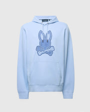 Psycho Bunny's Men's New Castle Hoodie (B6H517F200) is light blue, made from soft French terry fabric, and features an embroidered bunny head with crossbones at the center. It includes a front pocket and drawstring hood.