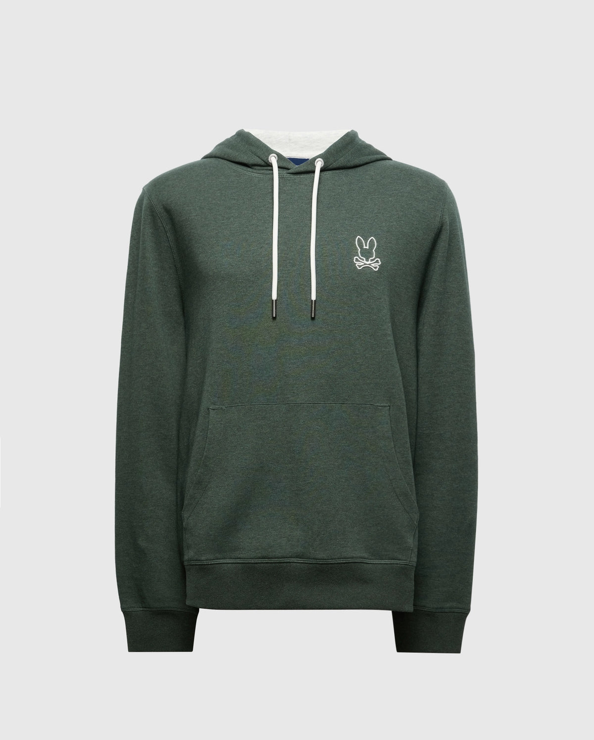 Introducing the Psycho Bunny MENS JAMES PREMIUM HOODIE - B6H789D200, a stylish green hooded sweatshirt for men. This lightweight hoodie features white drawstrings and a small bunny logo on the left chest. Crafted from high-quality cotton, it includes a front pocket and long sleeves, all set against a plain background.