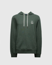 Introducing the Psycho Bunny MENS JAMES PREMIUM HOODIE - B6H789D200, a stylish green hooded sweatshirt for men. This lightweight hoodie features white drawstrings and a small bunny logo on the left chest. Crafted from high-quality cotton, it includes a front pocket and long sleeves, all set against a plain background.