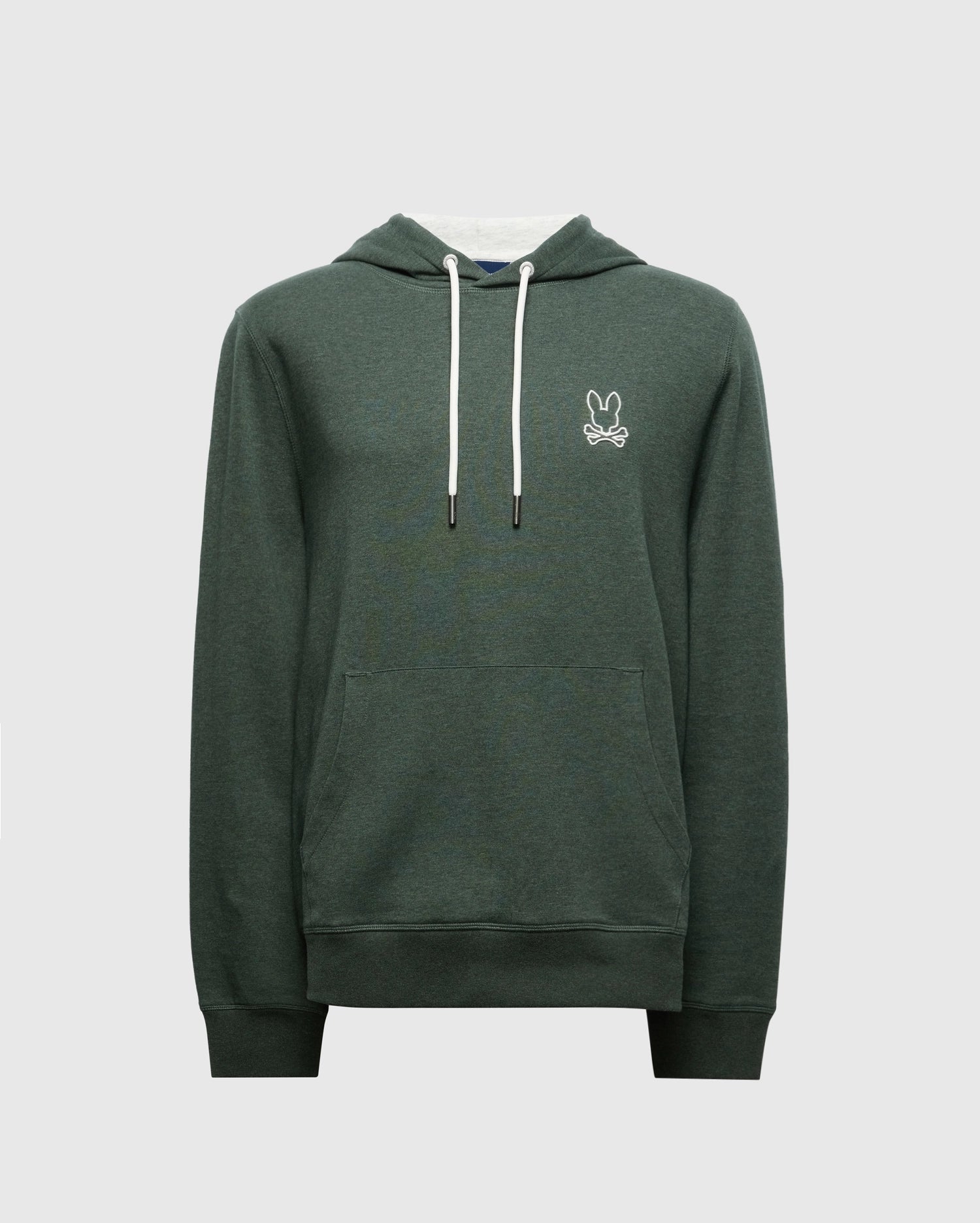 Introducing the Psycho Bunny MENS JAMES PREMIUM HOODIE - B6H789D200, a stylish green hooded sweatshirt for men. This lightweight hoodie features white drawstrings and a small bunny logo on the left chest. Crafted from high-quality cotton, it includes a front pocket and long sleeves, all set against a plain background.