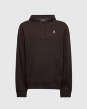 The Psycho Bunny Men's Levy Essential Fleece Hoodie (B6H859D200) is crafted from 100% cotton in a dark brown hue, utilizing soft French terry for comfort. It features long sleeves, a front pocket, drawstrings, and a small rabbit logo on the chest. The plain gray background emphasizes its stylish simplicity.