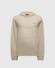 The MENS LEVY ESSENTIAL FLEECE HOODIE by Psycho Bunny is a beige cotton hoodie designed for men, featuring a front pocket and drawstring hood. It showcases a small, embroidered bunny logo with crossed eyes on the left chest. The fleece hoodie is set against a light gray background.