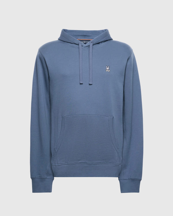 The Psycho Bunny Men's Levy Essential Fleece Hoodie (B6H859D200) is a blue sweatshirt made from soft French terry, featuring a drawstring hood and a kangaroo pocket. Crafted from 100% cotton, it is adorned with a small white bunny logo on the left chest against a plain white background.