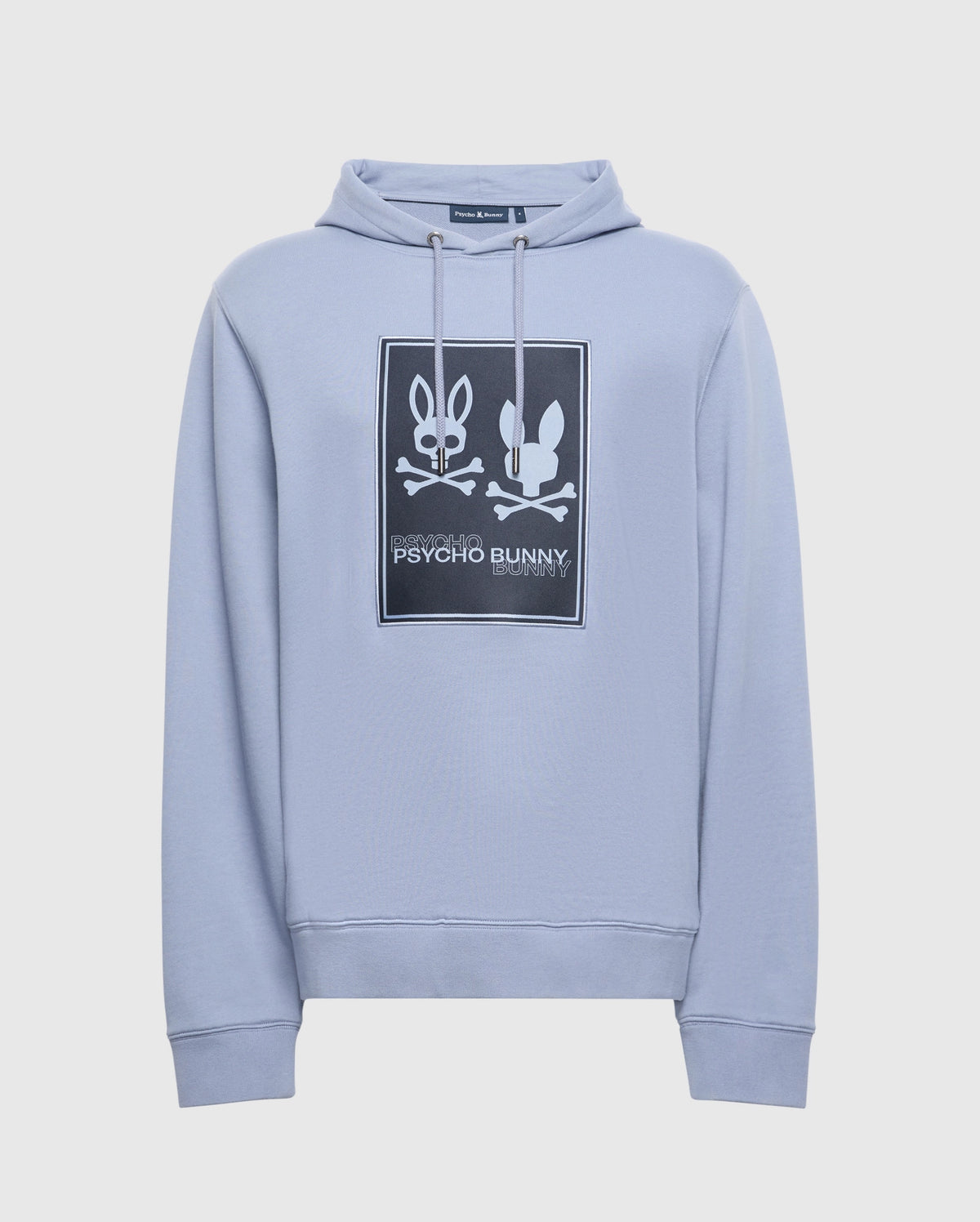 The Psycho Bunny Mens Monroe Twill Patch Fleece Hoodie in light blue features an eye-catching logo appliqué with two stylized rabbits and crossbones, one adorned with a bowtie. Made from French terry fabric, it includes "Psycho Bunny" text along with a hood and long sleeves for enhanced comfort.
