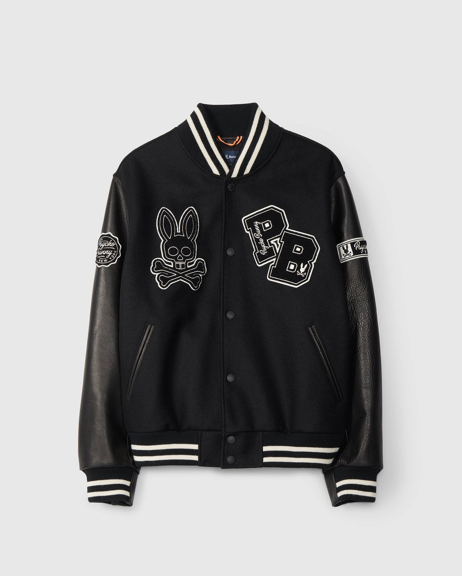 MENS BLACK ROBBINS VARSITY BOMBER JACKET PSYCHO BUNNY