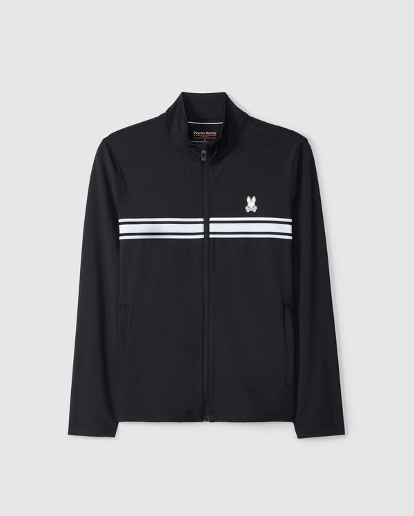 Psycho Bunny's Men's Terrell Sport Zip-Up Jacket (B6J643C200) in black features a white and light blue stripe across the chest, a small emblem on the left side, and long sleeves. This versatile jacket is designed for casual style, making it perfect for any occasion.