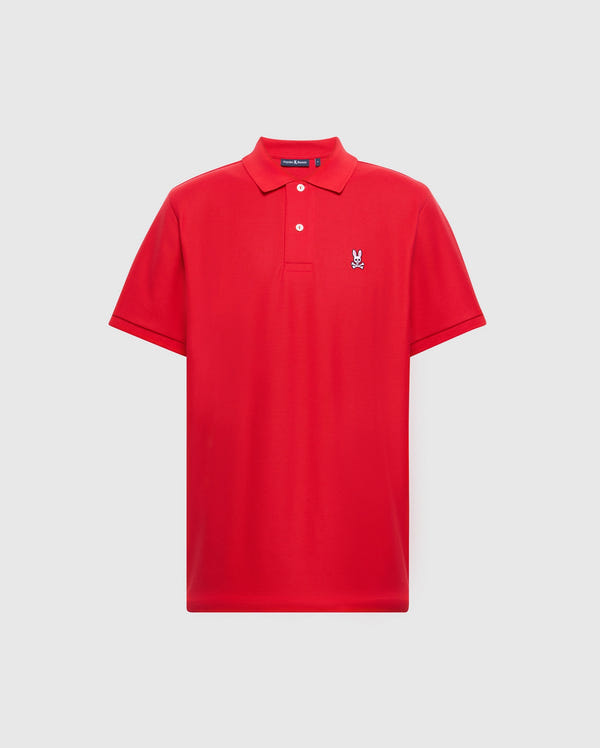 The Psycho Bunny Men's Classic Pique Polo Shirt (B6K001CRPC) showcases a vibrant red color with a subtle embroidered bunny logo on the upper left chest. Made from luxurious Pima cotton, it features a traditional collar and button placket accented with mother-of-pearl buttons.
