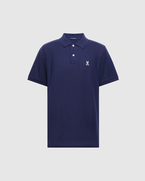 The Psycho Bunny MENS CLASSIC PIQUE POLO SHIRT - B6K001CRPC is a navy blue short-sleeve polo with a collar, made from soft pima cotton. It showcases a small, white embroidered logo on the left chest and is presented against a plain light grey background.