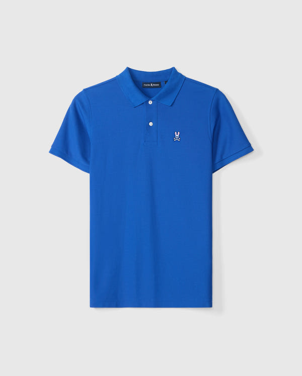 Introducing the Psycho Bunny Men's Classic Pique Polo Shirt - B6K001CRPC, a vibrant blue polo crafted from luxurious Pima cotton. This stylish piece features short sleeves, a traditional collar, and is accented with an embroidered bunny logo on the left chest. The shirt is presented against a plain white background for a clean and modern look.