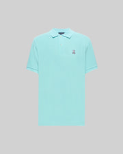 Mens Classic Pique Polo in aqua, featuring a classic fit, two-button placket, and an embroidered pink, white, and black Psycho Bunny skull logo on the left chest. (2)