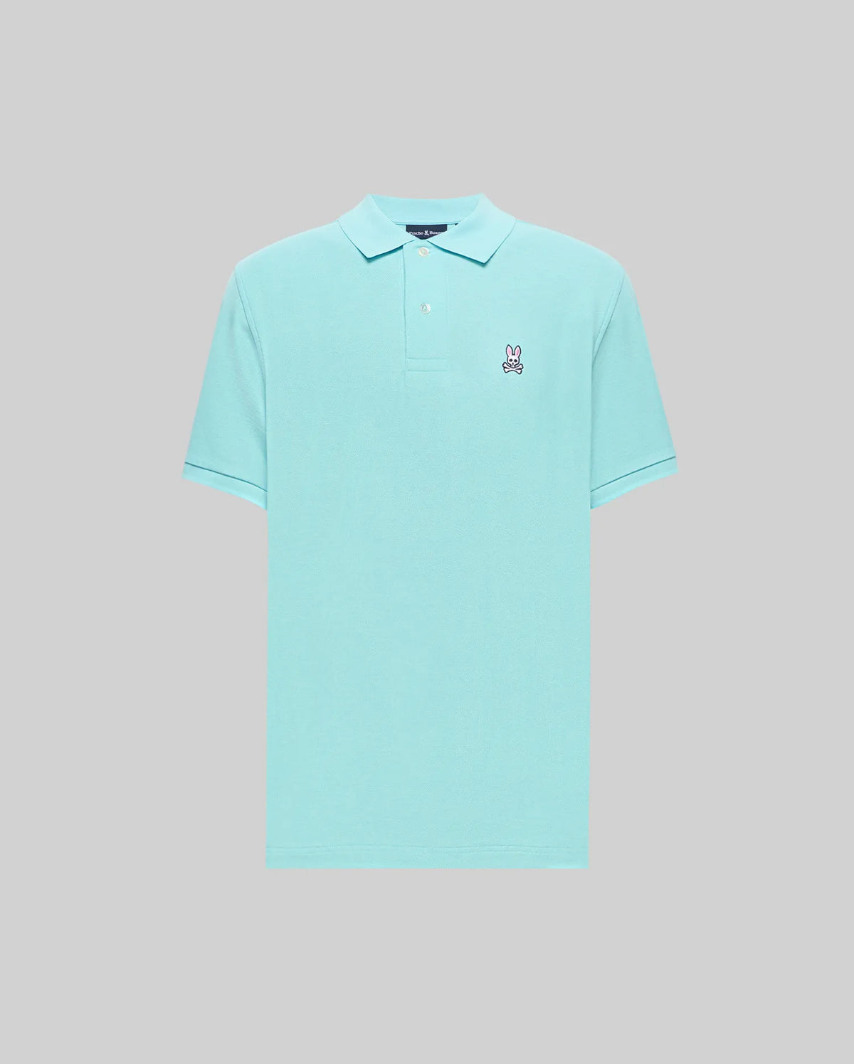 Mens Classic Pique Polo in aqua, featuring a classic fit, two-button placket, and an embroidered pink, white, and black Psycho Bunny skull logo on the left chest. (2)
