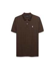 Men's Classic Pima Pique Polo in rich brown pique fabric, featuring a classic fit, two white buttons, and a small embroidered white and pink Psycho Bunny skull logo on the left chest. (1)