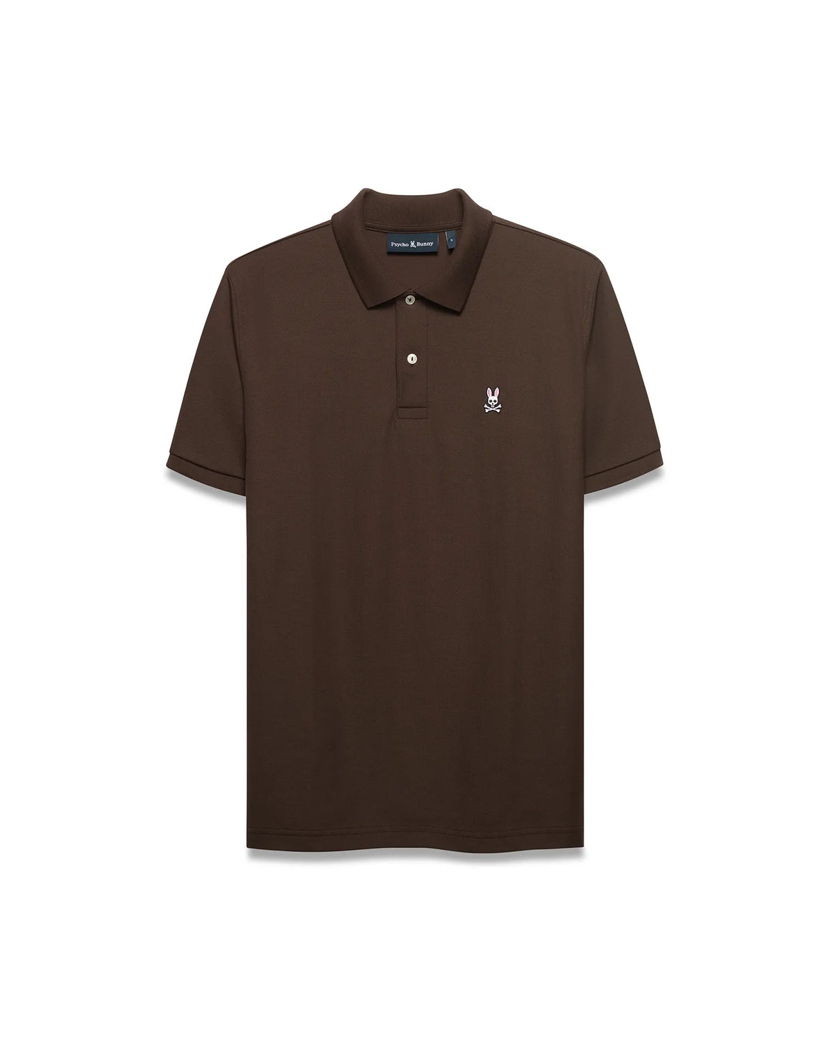 Men's Classic Pima Pique Polo in rich brown pique fabric, featuring a classic fit, two white buttons, and a small embroidered white and pink Psycho Bunny skull logo on the left chest. (1)