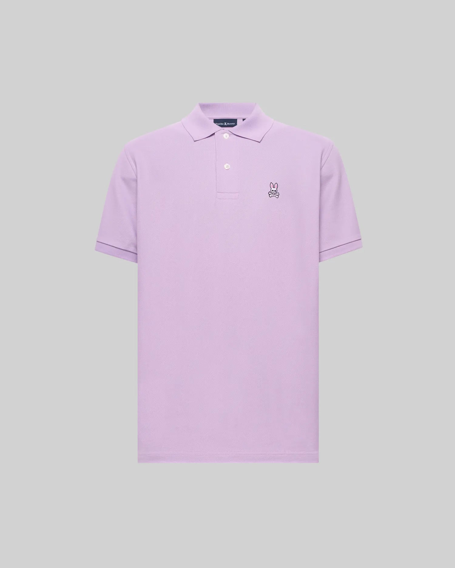 Mens Classic Pique Polo in lavender, featuring a classic fit, pique knit fabric, two-button placket, ribbed collar and cuffs, and a small embroidered Psycho Bunny skull logo on the left chest.