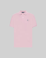 The Psycho Bunny MENS CLASSIC PIQUE POLO SHIRT (B6K001F200) is a light pink men’s polo in soft Pima cotton with short sleeves, a two-button collar, and an embroidered Bunny logo on the chest, shown on a plain gray background.