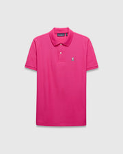 Mens Classic Pique Polo in bright pink, featuring a classic fit, pique knit texture, two-button placket, and a small, embroidered white, black, and red Psycho Bunny skull logo on the left chest. (2)