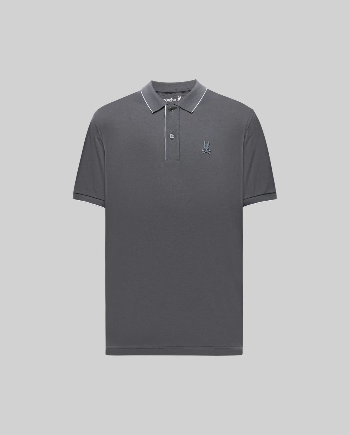 The Psycho Bunny MENS BRYCE PERFORMANCE PIQUE POLO SHIRT (B6K486F200) is a dark gray Pima cotton polo with a collar, white placket trim, two buttons, and a small embroidered logo on the left chest, shown on a light gray background.