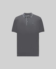 The Psycho Bunny MENS BRYCE PERFORMANCE PIQUE POLO SHIRT (B6K486F200) is a dark gray Pima cotton polo with a collar, white placket trim, two buttons, and a small embroidered logo on the left chest, shown on a light gray background.