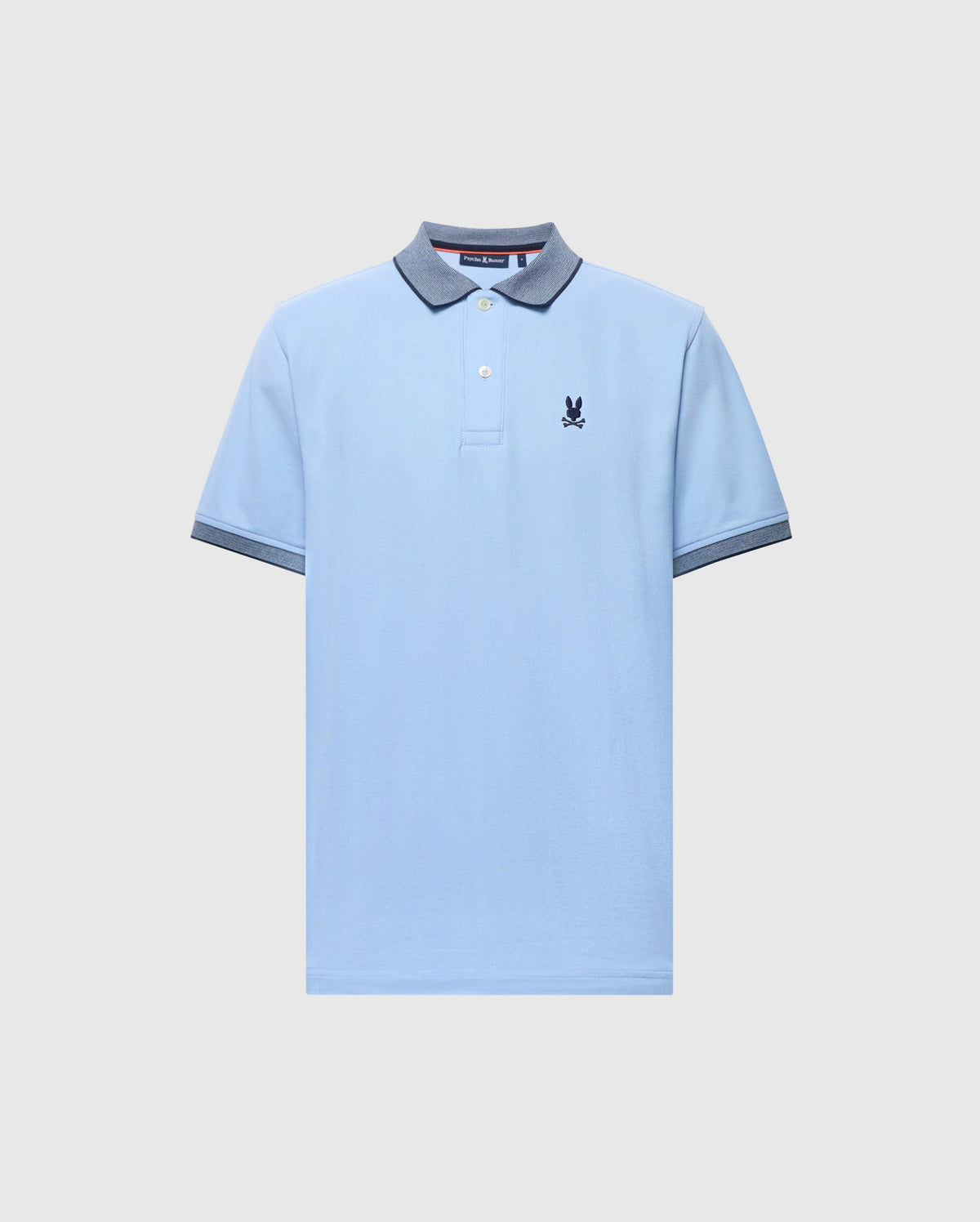 The MENS JONAS MICRO STRIPE COLLAR PIQUE POLO - B6K583F200 by Psycho Bunny features a light blue micro-stripe design, crafted from soft Pima cotton, with a dark blue collar and sleeve trim, plus an embroidered emblem on the left chest.