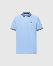 The MENS JONAS MICRO STRIPE COLLAR PIQUE POLO - B6K583F200 by Psycho Bunny features a light blue micro-stripe design, crafted from soft Pima cotton, with a dark blue collar and sleeve trim, plus an embroidered emblem on the left chest.