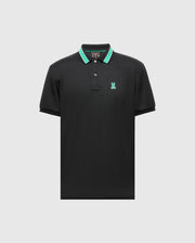 The Psycho Bunny MENS FORREST SPORT PIQUE POLO - B6K660F200 is a slim-fit black polo with green and white striped collar and sleeve edges, featuring a small embroidered green logo on the left chest. Made from moisture-wicking fabric, it's displayed on a plain light gray background.