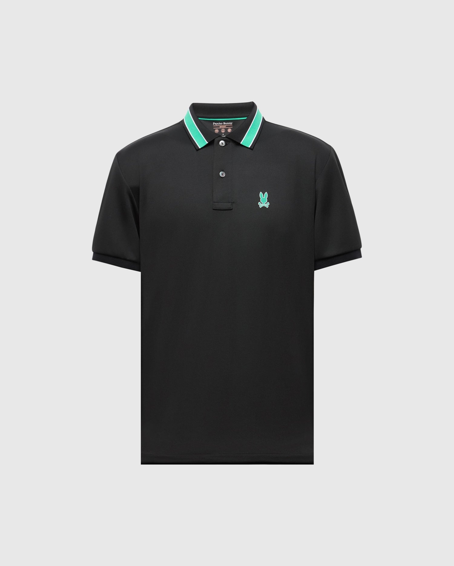 The Psycho Bunny MENS FORREST SPORT PIQUE POLO - B6K660F200 is a slim-fit black polo with green and white striped collar and sleeve edges, featuring a small embroidered green logo on the left chest. Made from moisture-wicking fabric, it's displayed on a plain light gray background.