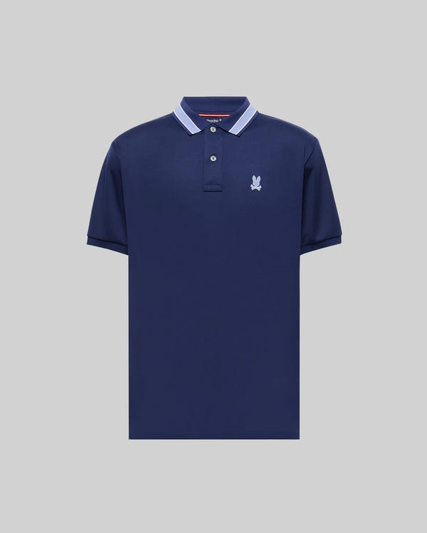 The Psycho Bunny MENS FORREST SPORT PIQUE POLO (B6K660F200) is a navy slim-fit polo featuring a white and blue striped collar, two buttons, and a white chest emblem. Crafted from breathable, moisture-wicking fabric, shown on a light gray background.