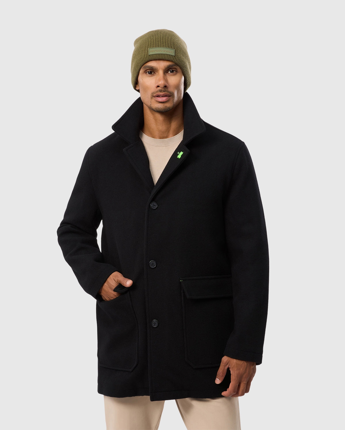 MENS BLACK STAFFORD WOOL BLEND COAT WITH REMOVABLE HOOD