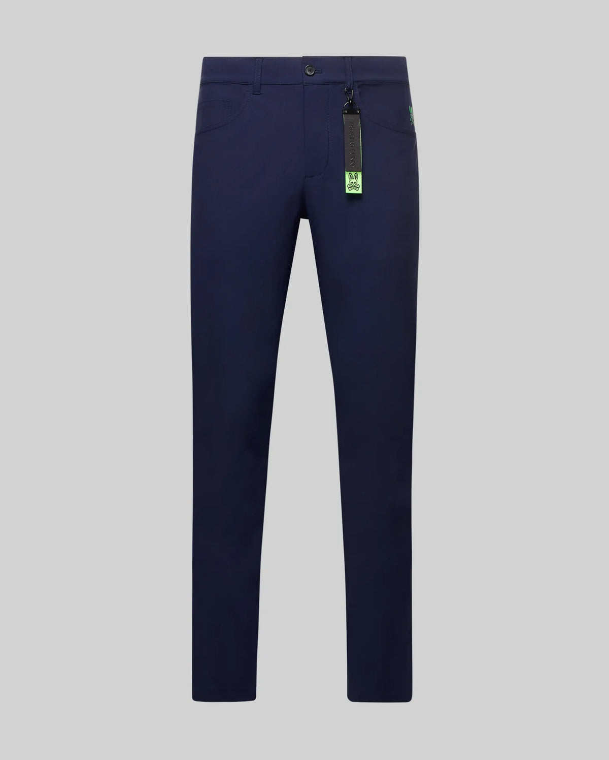 Navy blue Mens Maverick 10k Step Pant with a classic fit, featuring a small embroidered neon green Psycho Bunny skull logo on the right hip and a hanging neon green brand tag.