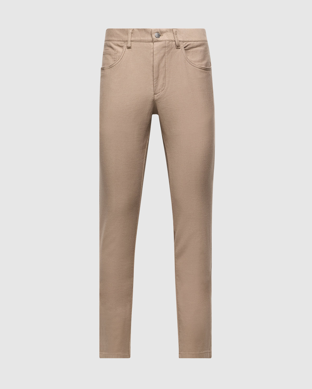 The Psycho Bunny MENS HAYS TWILL PANT - B6P894D200 is showcased against a plain white background. These beige cotton-blend twill pants include a button and zip closure, belt loops, and a classic 5-pocket design with standard front and back pockets. They have a straight-cut fit at ankle length, combining style and comfort with four-way stretch fabric.