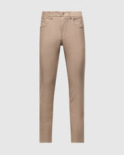 The Psycho Bunny MENS HAYS TWILL PANT - B6P894D200 is showcased against a plain white background. These beige cotton-blend twill pants include a button and zip closure, belt loops, and a classic 5-pocket design with standard front and back pockets. They have a straight-cut fit at ankle length, combining style and comfort with four-way stretch fabric.