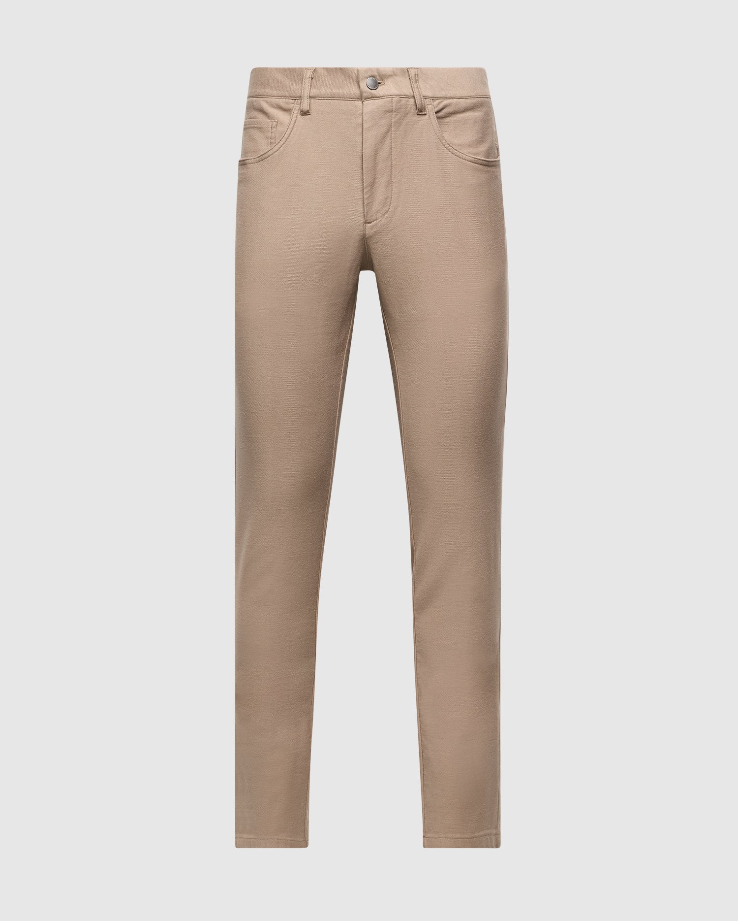 The Psycho Bunny MENS HAYS TWILL PANT - B6P894D200 is showcased against a plain white background. These beige cotton-blend twill pants include a button and zip closure, belt loops, and a classic 5-pocket design with standard front and back pockets. They have a straight-cut fit at ankle length, combining style and comfort with four-way stretch fabric.