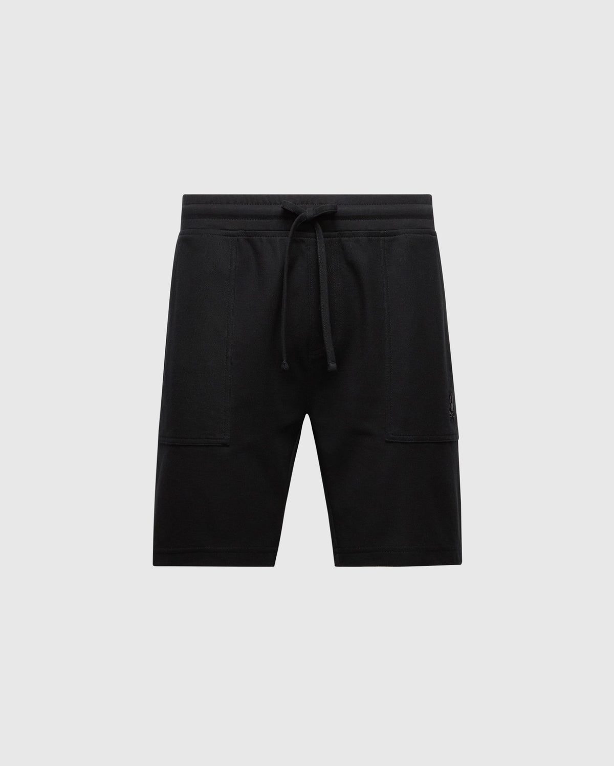 The Psycho Bunny Men's Taylor Light Pique Sweatshorts in black, made from Pima cotton, feature a drawstring waistband and two side pockets—ideal for a casual-chic look—set against a plain light gray background.