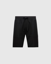 The Psycho Bunny Men's Taylor Light Pique Sweatshorts in black, made from Pima cotton, feature a drawstring waistband and two side pockets—ideal for a casual-chic look—set against a plain light gray background.