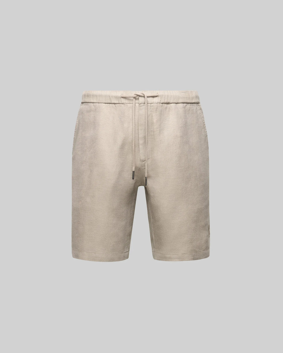 The Psycho Bunny MENS WINDCREST LINEN BLEND DRAWSTRING SHORT (B6R474C200) features beige linen-cotton fabric, an elastic waistband with adjustable drawstring, and side pockets, shown against a plain light gray background.