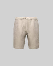 The Psycho Bunny MENS WINDCREST LINEN BLEND DRAWSTRING SHORT (B6R474C200) features beige linen-cotton fabric, an elastic waistband with adjustable drawstring, and side pockets, shown against a plain light gray background.