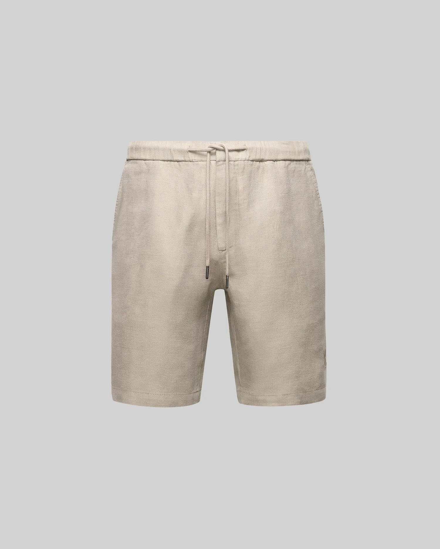 The Psycho Bunny MENS WINDCREST LINEN BLEND DRAWSTRING SHORT (B6R474C200) features beige linen-cotton fabric, an elastic waistband with adjustable drawstring, and side pockets, shown against a plain light gray background.