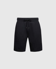 The Psycho Bunny Men's Levanzo Embroidered Micro French Terry Sweatshorts in black feature a drawstring waistband and subtle logo on the lower left side against a light gray background, designed for comfort.