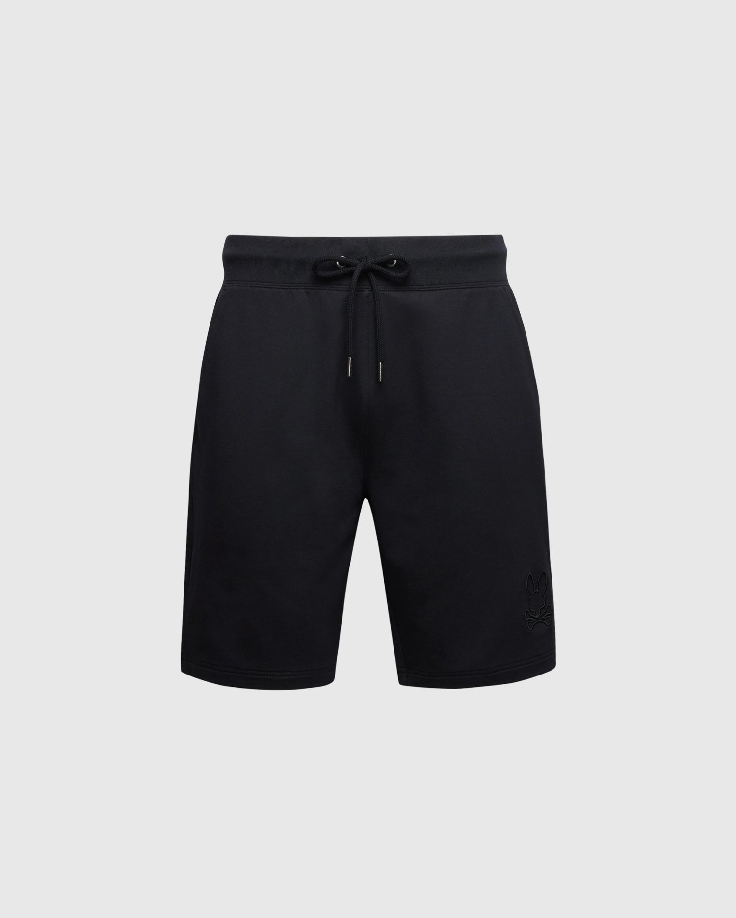 The Psycho Bunny Men's Levanzo Embroidered Micro French Terry Sweatshorts in black feature a drawstring waistband and subtle logo on the lower left side against a light gray background, designed for comfort.