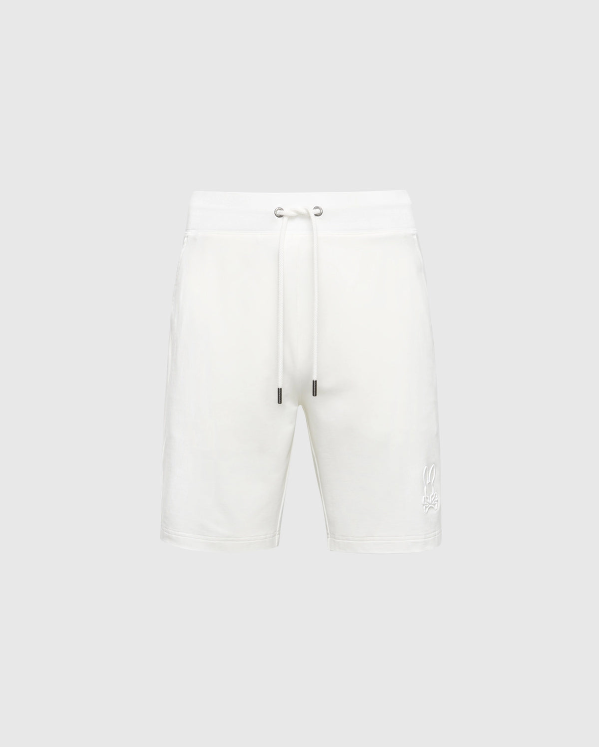 Psycho Bunny's white Levanzo Embroidered Micro French Terry Sweatshorts (B6R578F200) are shown against a light gray background, featuring a drawstring waistband and an embroidered bunny logo on the lower left side.