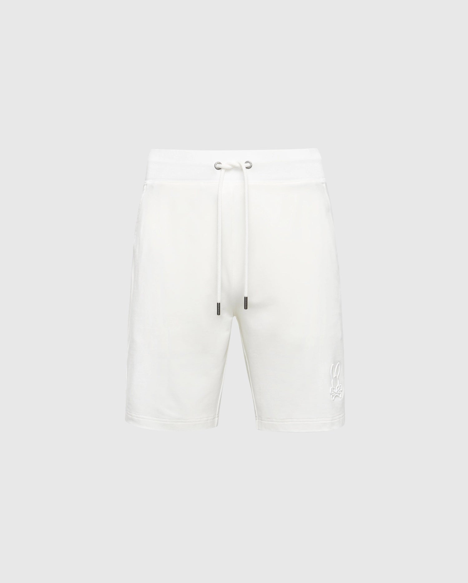 Psycho Bunny's white Levanzo Embroidered Micro French Terry Sweatshorts (B6R578F200) are shown against a light gray background, featuring a drawstring waistband and an embroidered bunny logo on the lower left side.
