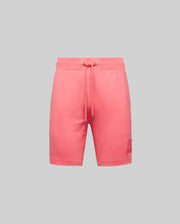 The Psycho Bunny MENS LEVANZO FRENCH TERRY SWEATSHORT - B6R578F200 in pink features micro French terry, an elastic waistband, straight fit, and an embroidered logo on the lower left leg, shown against a light gray background.