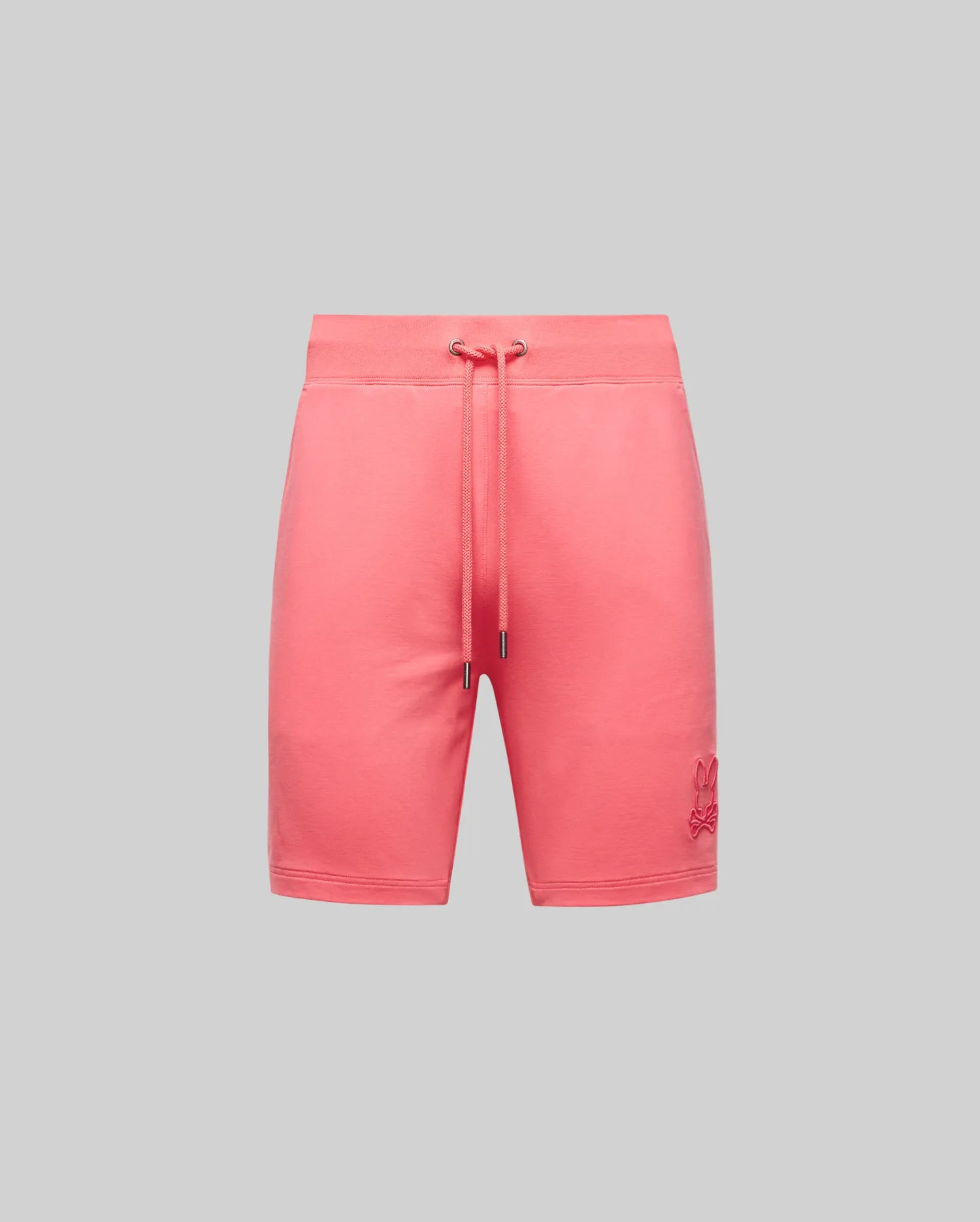 The Psycho Bunny MENS LEVANZO FRENCH TERRY SWEATSHORT - B6R578F200 in pink features micro French terry, an elastic waistband, straight fit, and an embroidered logo on the lower left leg, shown against a light gray background.