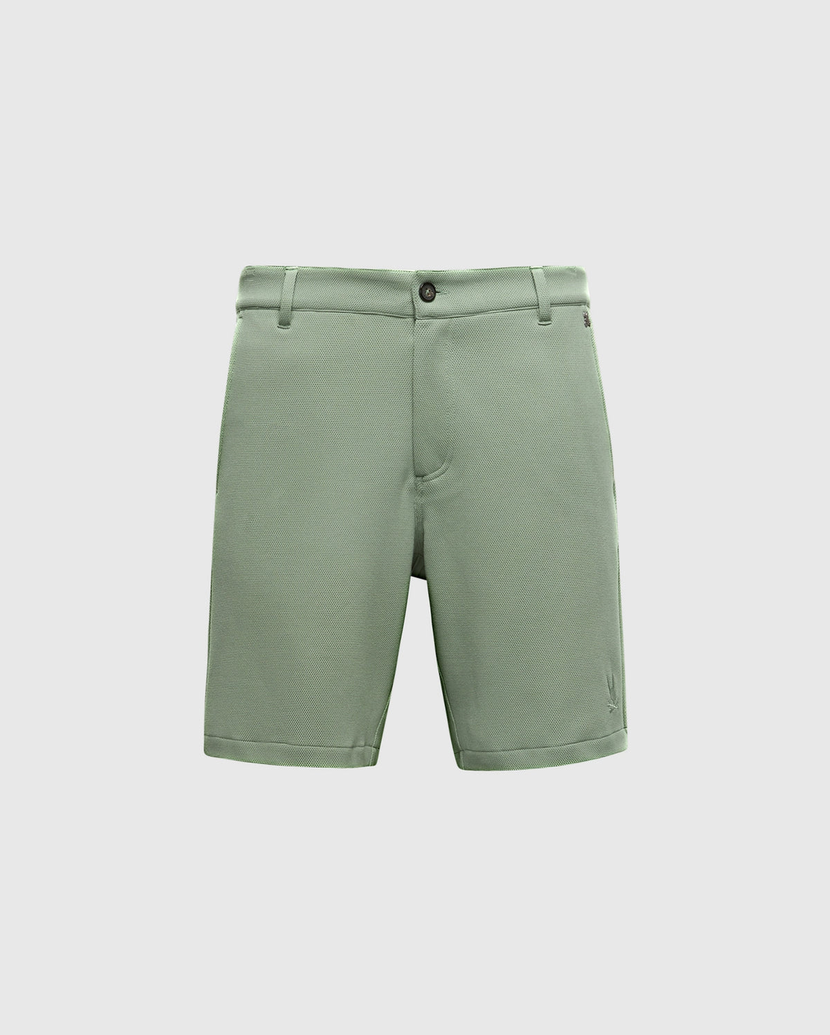Psycho Bunny's Mens Shiro Knit Honeycomb Short in light green features a button and zip closure, belt loops, and side pockets. Made from honeycomb piqué fabric, it is presented against a plain white background.